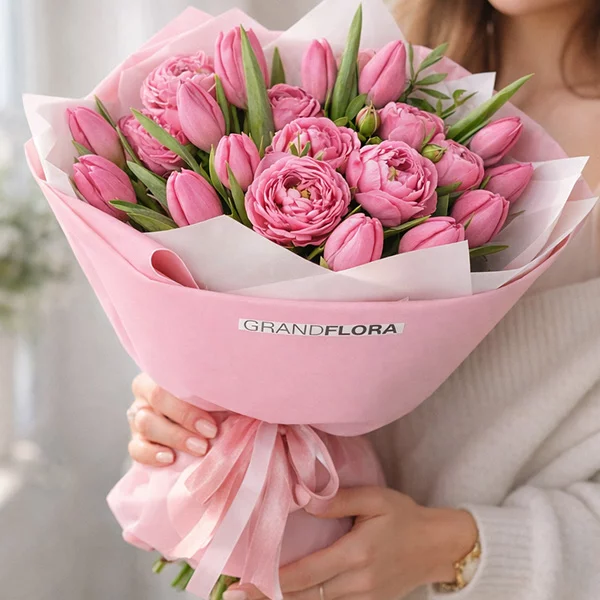 Любимые моменты – букет с розовыми кустовыми розами и тюльпанами